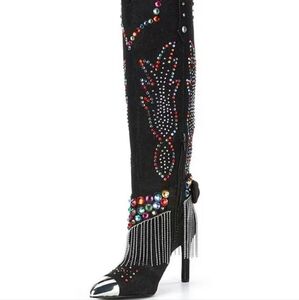 Gianni BINI WESTERN MULTICOLORED RHINESTONE DENIM FRINGE Kaitrin BOOTS HEEL 7.5